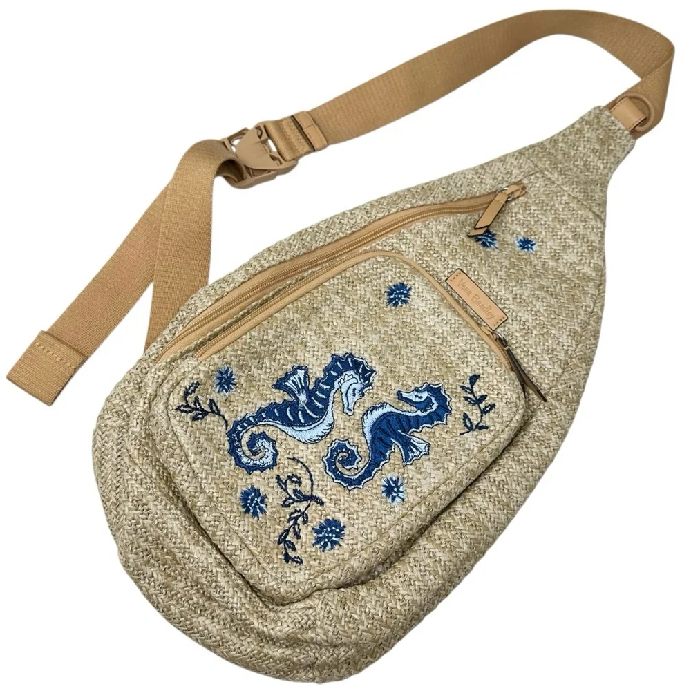 Vera Bradley Straw Sling Backpack Blue Seahorse Embroidery